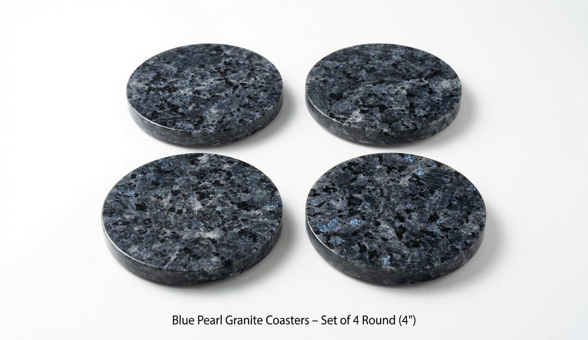 Handmade set of 4 Blue Pearl Granite Coasters a beautiful  set of 4" Round, square or mix and match. a stunning blue pearlescent stone