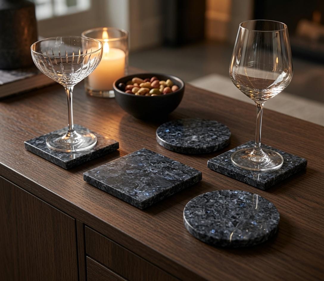 Handmade set of 4 Blue Pearl Granite Coasters a beautiful  set of 4" Round, square or mix and match. a stunning blue pearlescent stone