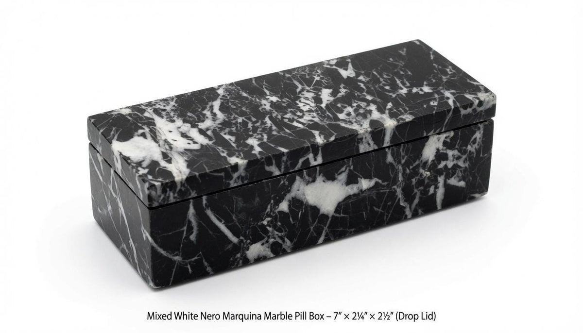 Mixed White Nero Marquina Pill box marble box 7"×2 1/4" height 2 1/2" with weakly pill organizer FREE SHIPPING
