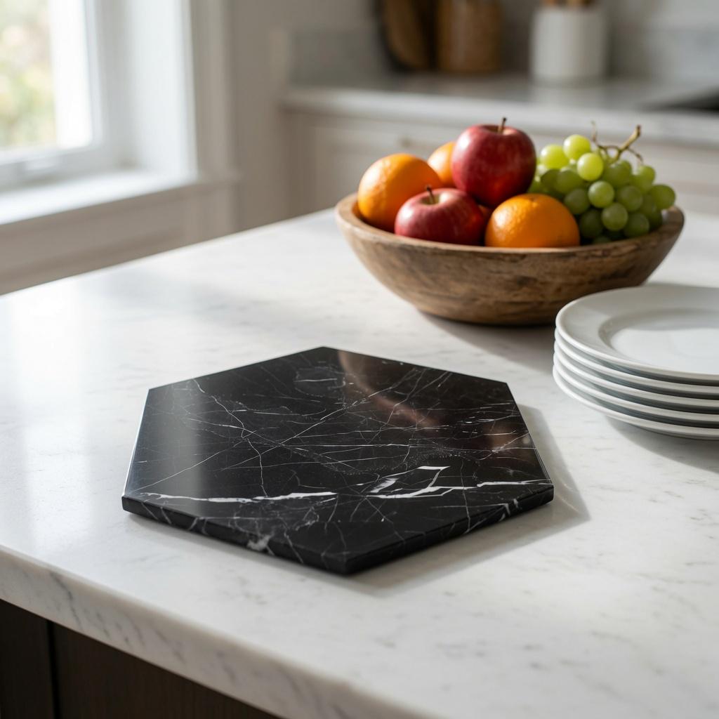Nero Marquina Marble,  Hot plate. Perfect to protect your table from hot pots and pans 6" available in 3 shapes.