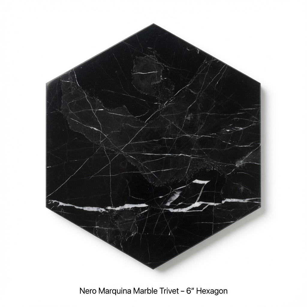 Nero Marquina Marble,  Hot plate. Perfect to protect your table from hot pots and pans 6" available in 3 shapes.