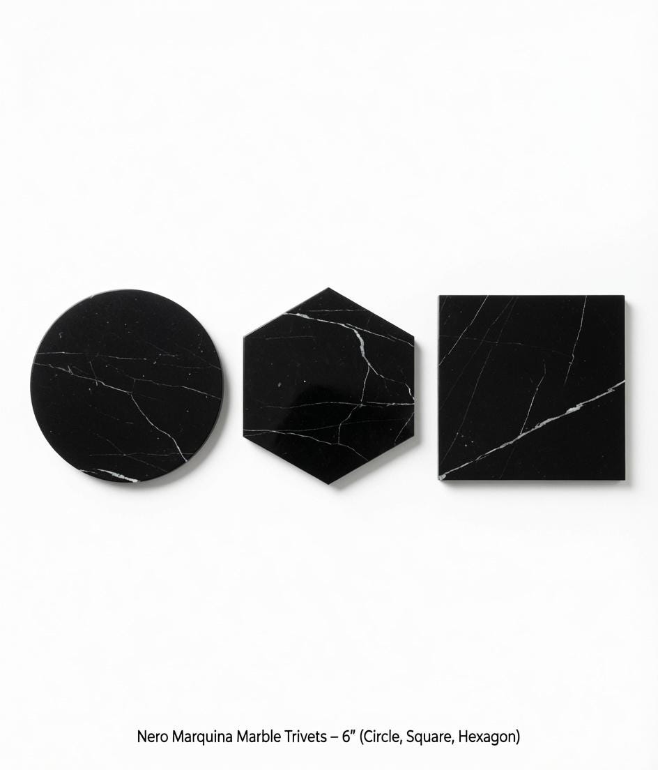 Nero Marquina Marble,  Hot plate. Perfect to protect your table from hot pots and pans 6" available in 3 shapes.