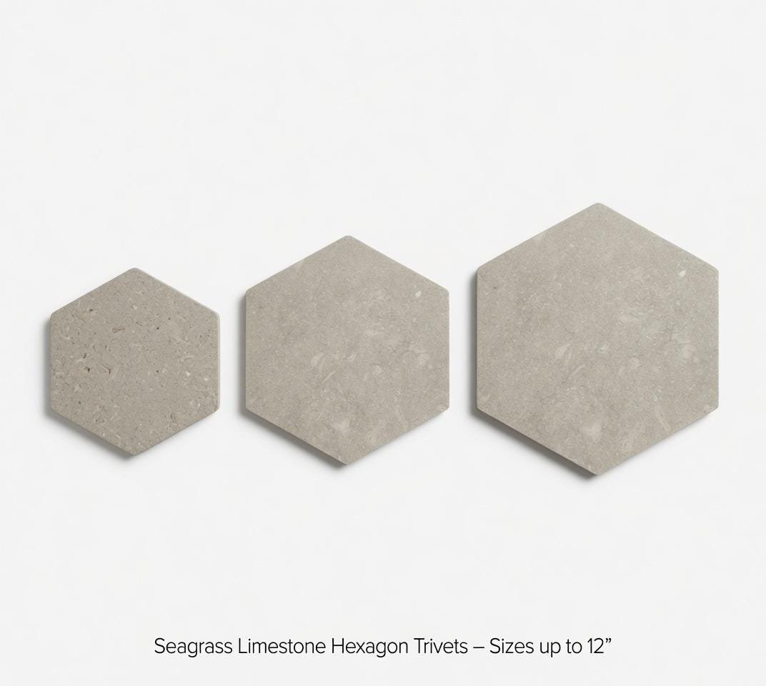 Seagrass Limestone Hexagons,  Hot plate. Perfect to protect your table from hot pans available in many sizes FREE SHIPPING to USA