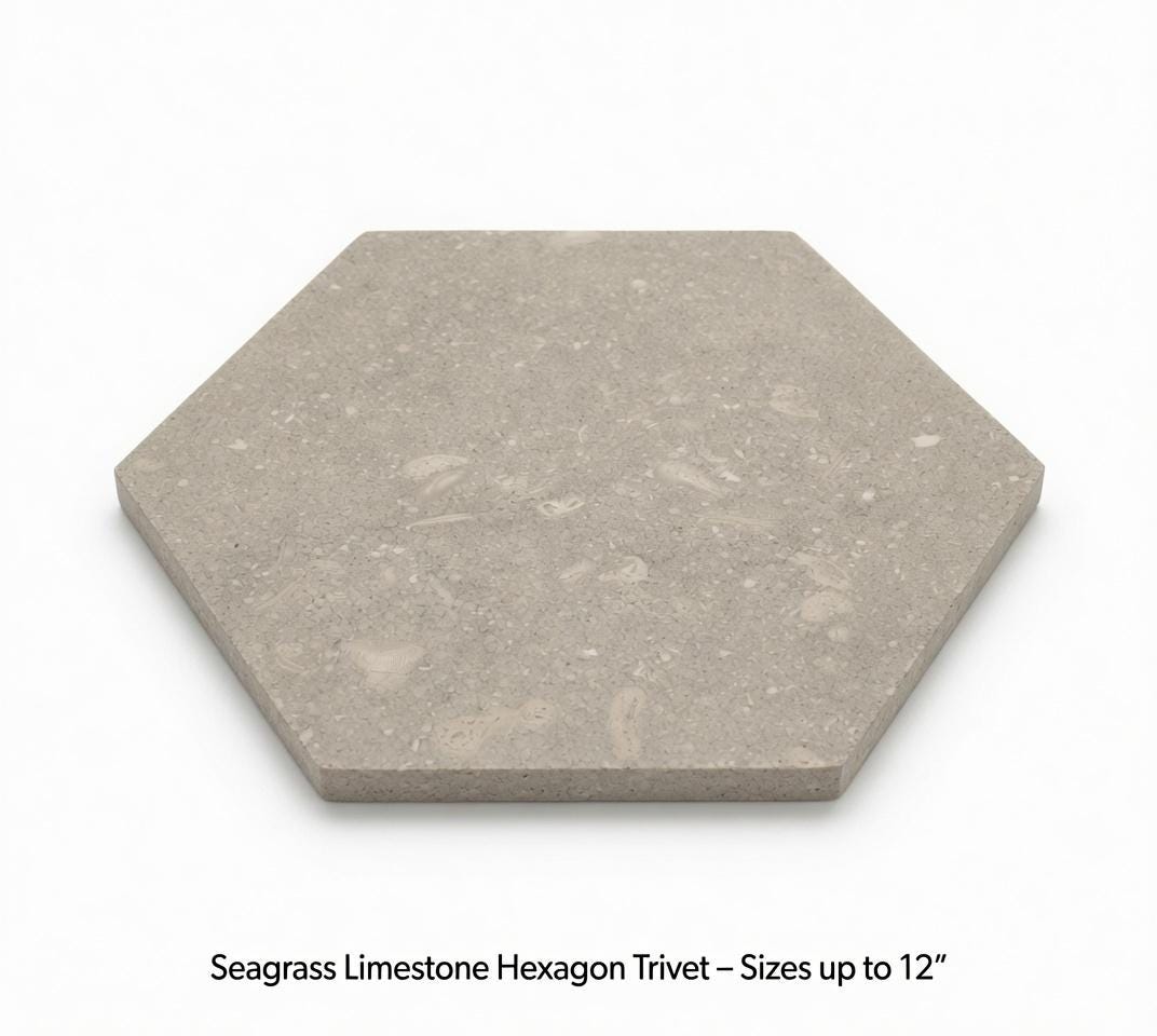 Seagrass Limestone Hexagons,  Hot plate. Perfect to protect your table from hot pans available in many sizes FREE SHIPPING to USA