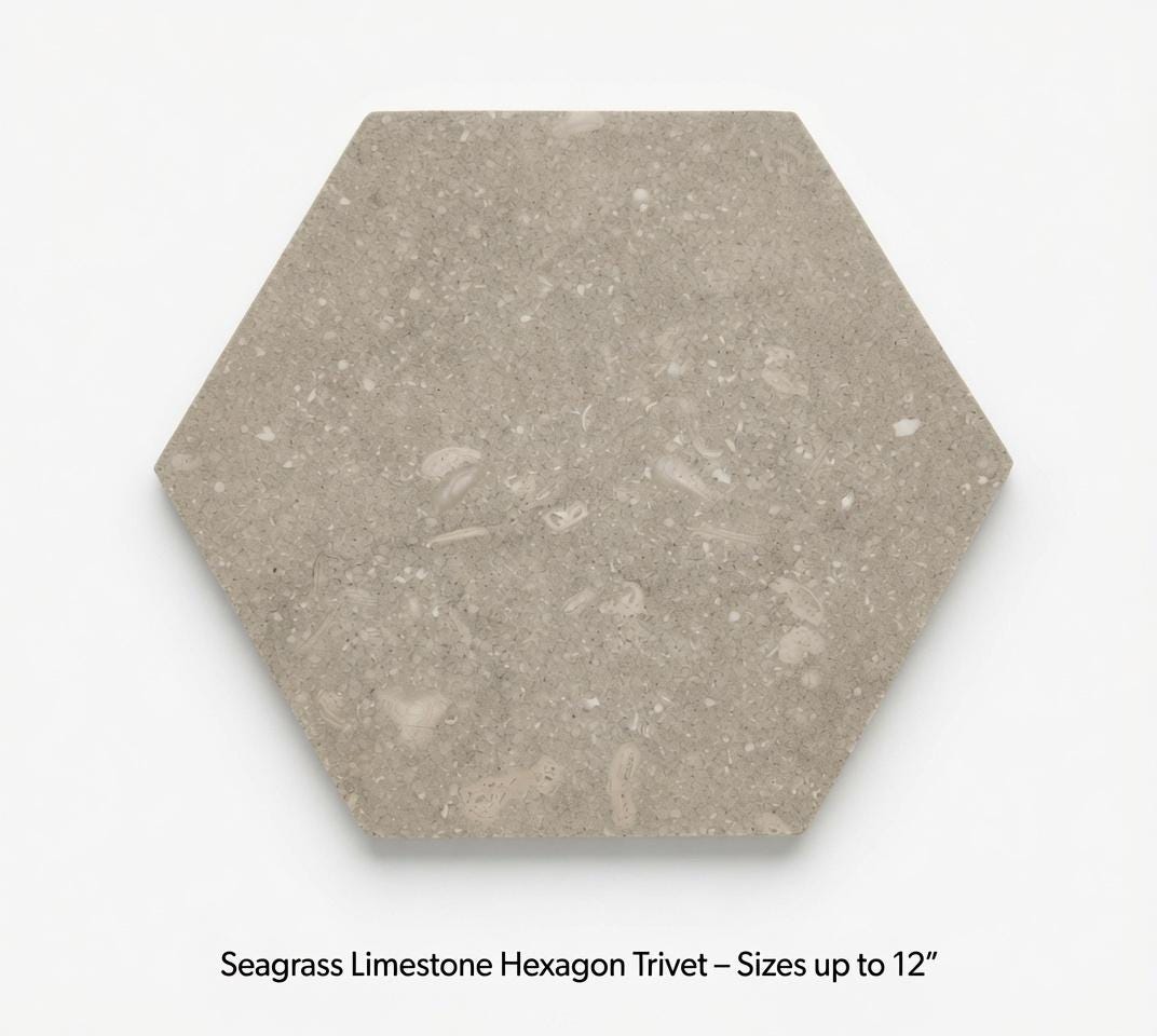Seagrass Limestone Hexagons,  Hot plate. Perfect to protect your table from hot pans available in many sizes FREE SHIPPING to USA