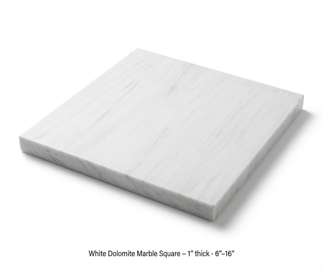 1" thick White Dolomite marble Squares 6",7",8",9",10",11",12",13",14",15",16" available, Trivets,  Art Pedestals. Free Shipping.