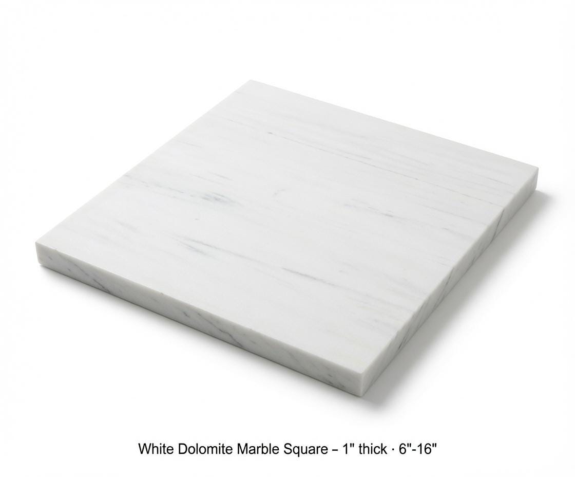 1" thick White Dolomite marble Squares 6",7",8",9",10",11",12",13",14",15",16" available, Trivets,  Art Pedestals. Free Shipping.
