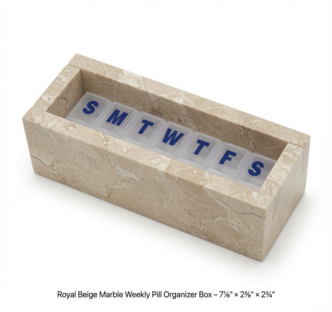 Royal Beige Marble weekly pill organizer box 7 1/8"×2 3/8" height 2 3/4"  box with weakly pill organizer FREE SHIPPING