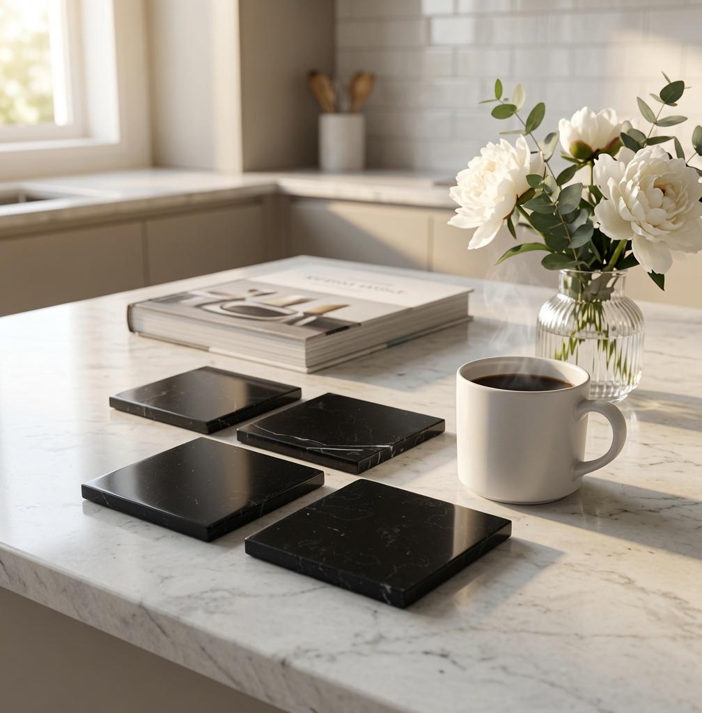 Nero Marquina Black Marble Coasters Beautiful Black with minimal white Handmade set of 4 coasters 4" round, square, or mix and match
