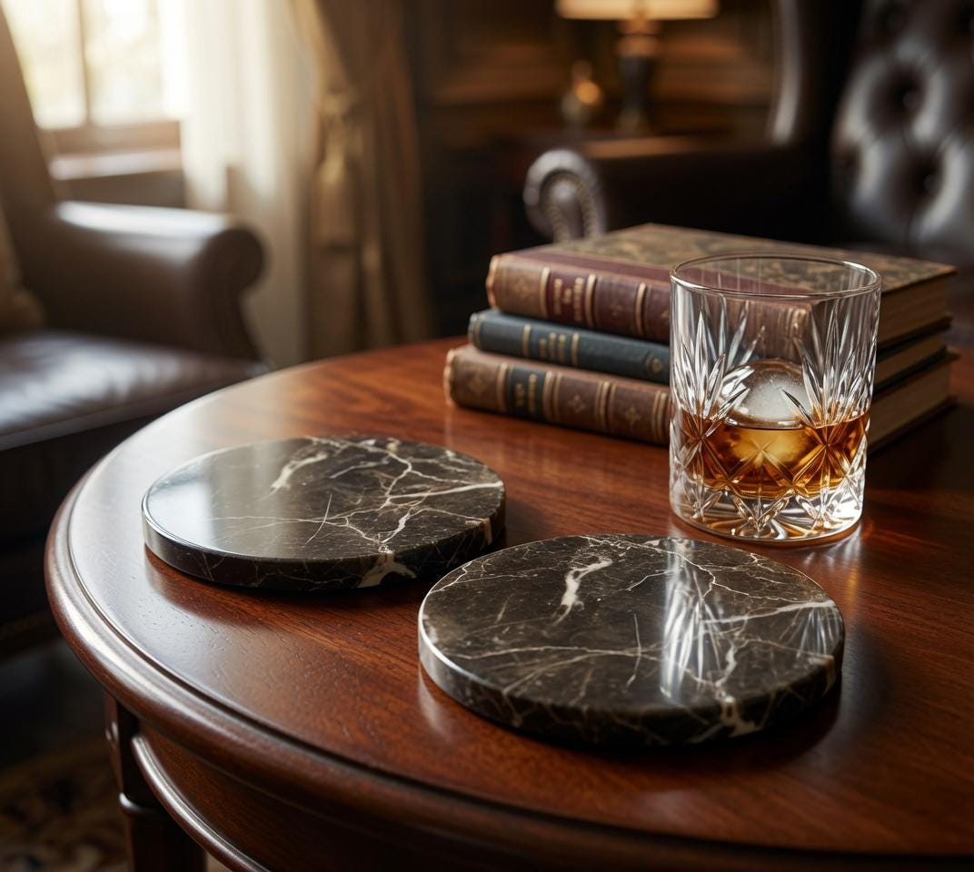 Emperador Dark Marble coasters, set of four 4" diameter coasters, available in round and square.