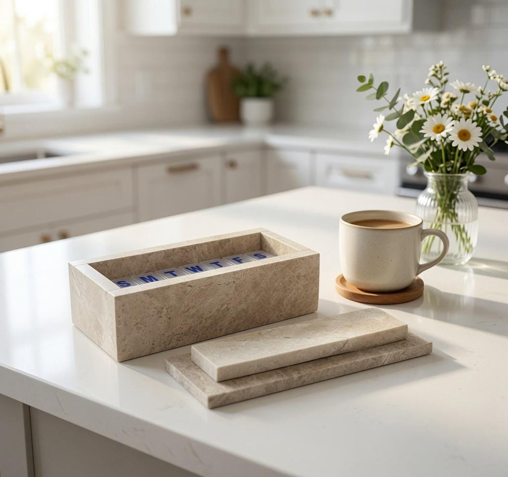 Royal Beige Marble pill box container 7"×2 1/4" height 2 3/8" with weakly pill organizer FREE SHIPPING