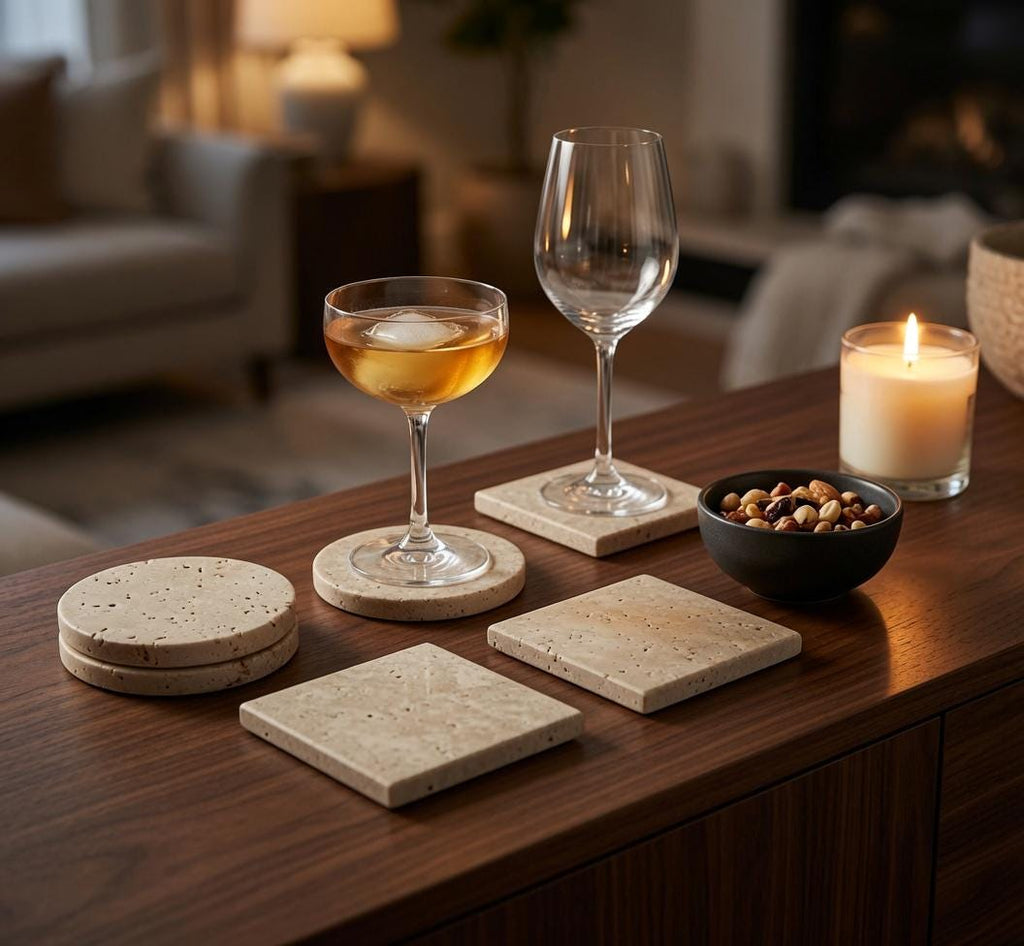Travertine Coasters – Set of Four 4″ Available in round and square or mix and match