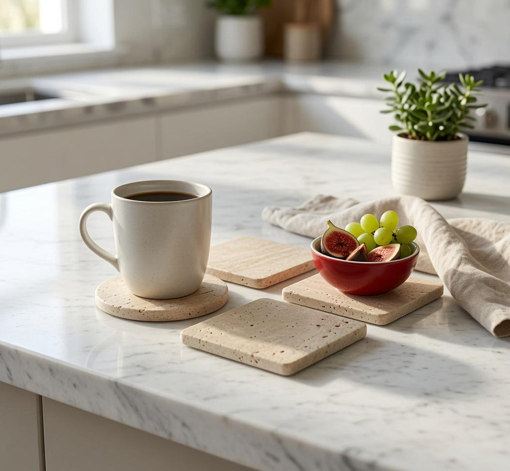 Travertine Coasters – Set of Four 4″ Available in round and square or mix and match