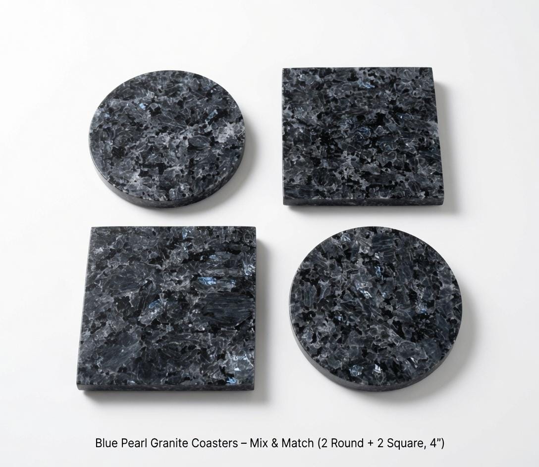 Handmade set of 4 Blue Pearl Granite Coasters a beautiful  set of 4" Round, square or mix and match. a stunning blue pearlescent stone