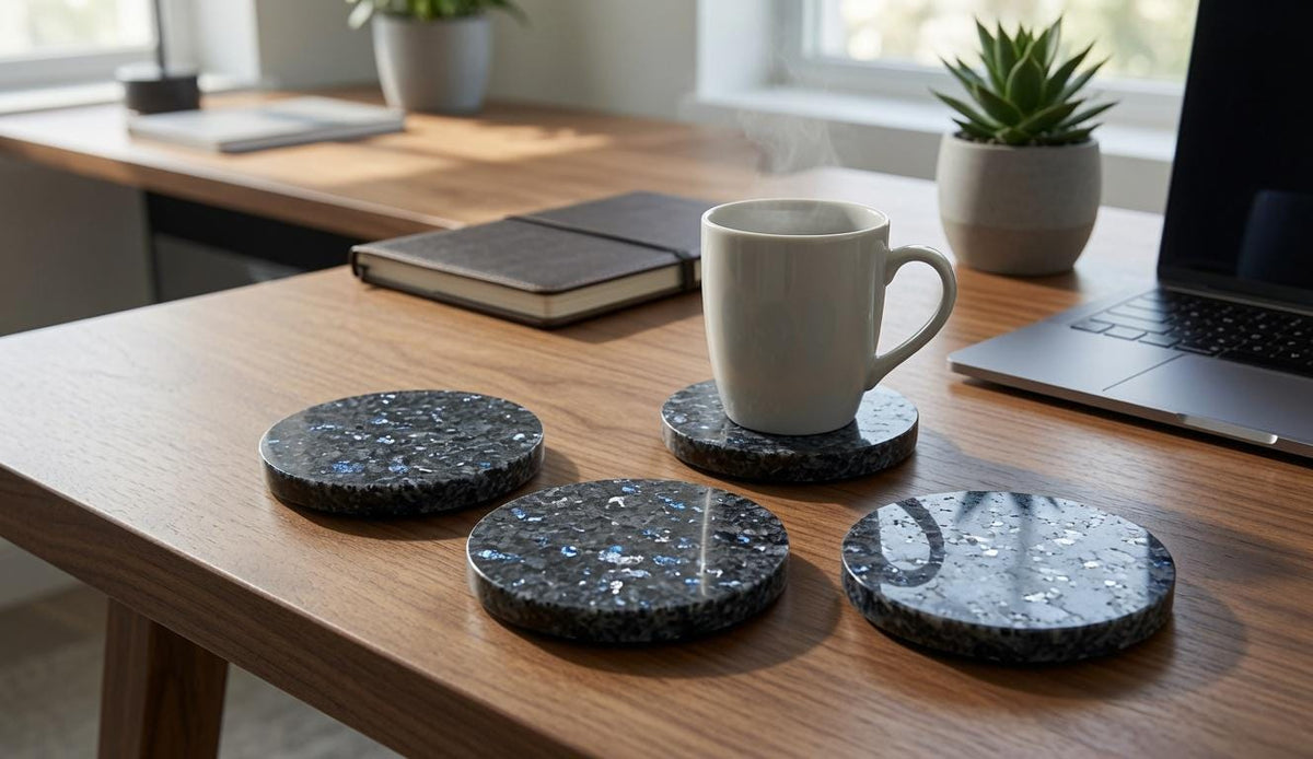 Handmade set of 4 Blue Pearl Granite Coasters a beautiful  set of 4" Round, square or mix and match. a stunning blue pearlescent stone