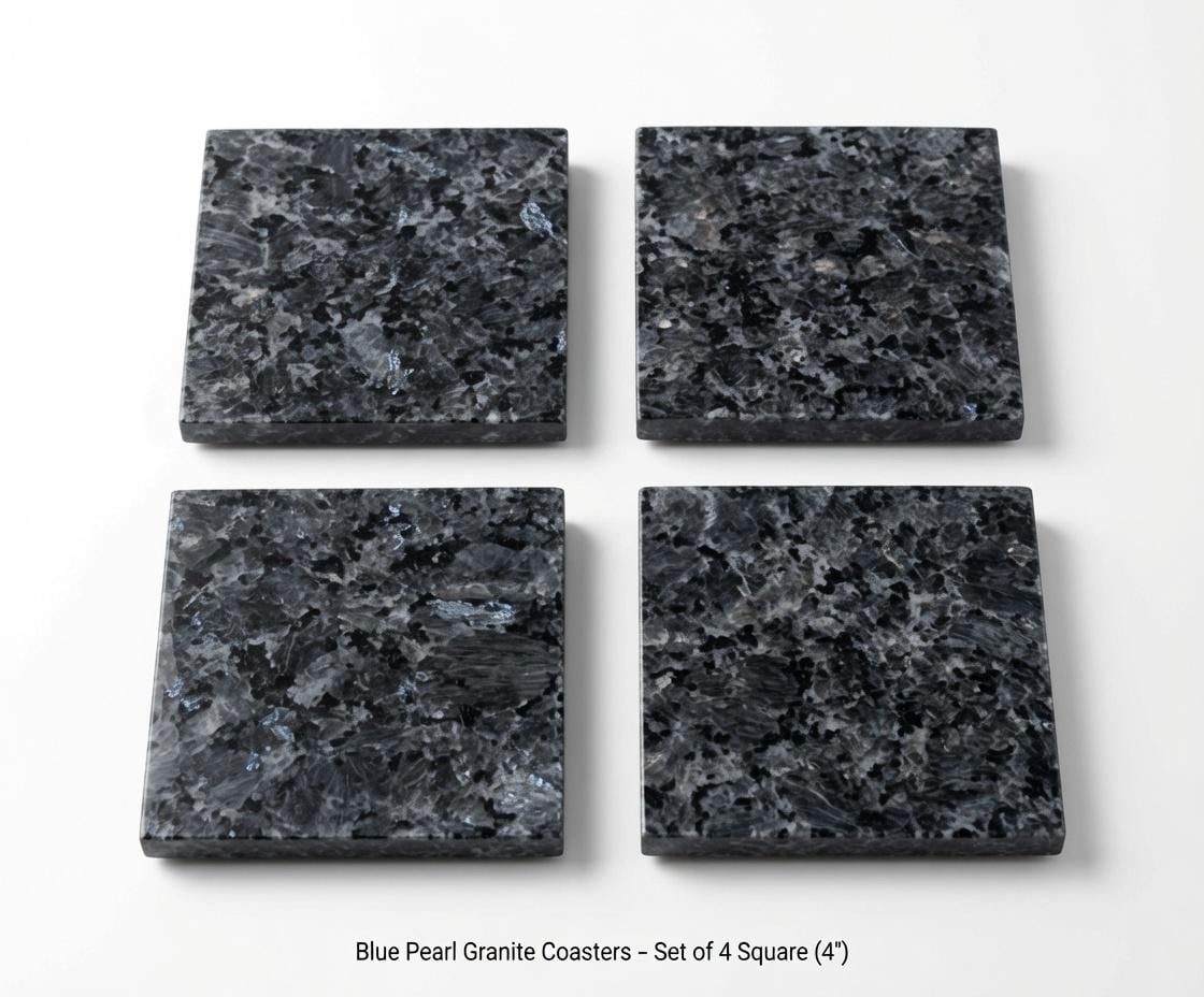 Handmade set of 4 Blue Pearl Granite Coasters a beautiful  set of 4" Round, square or mix and match. a stunning blue pearlescent stone