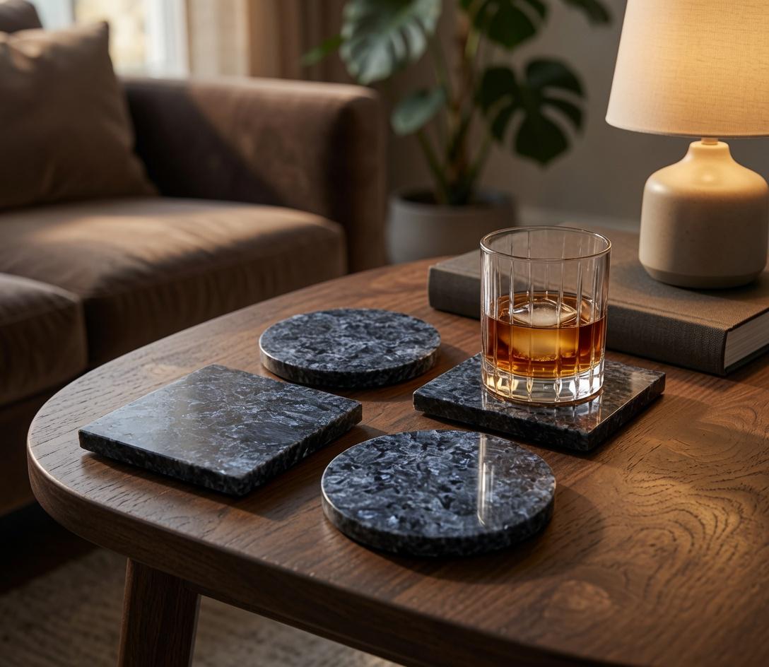 Handmade set of 4 Blue Pearl Granite Coasters a beautiful  set of 4" Round, square or mix and match. a stunning blue pearlescent stone